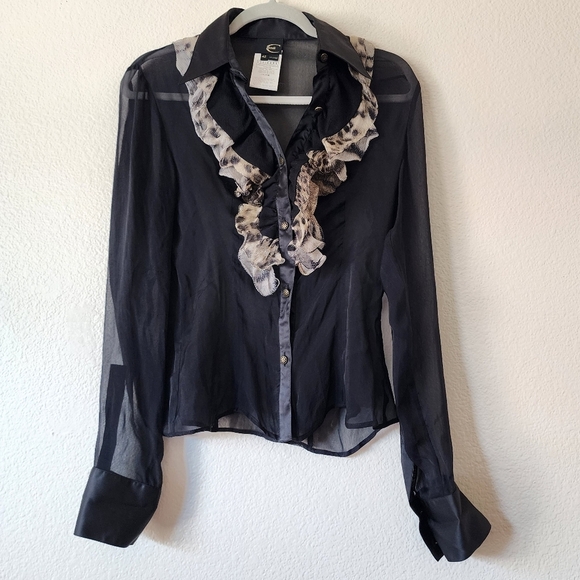 Just Cavalli Black Sheer Silk Ruffle Blouse 42 - Picture 2 of 4